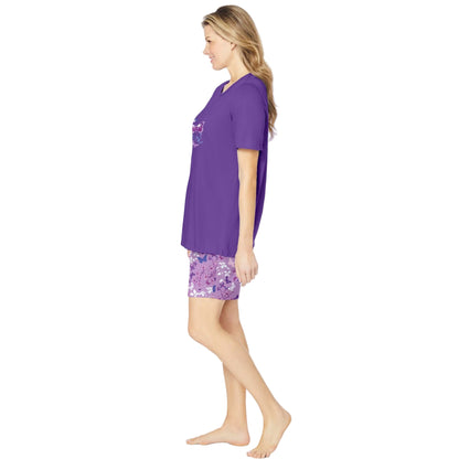 Women’s Plum Burst Floral Knit PJ Short Set with short-sleeve cotton tee featuring side slits and elastic waist shorts, breathable and comfy sleepwear.