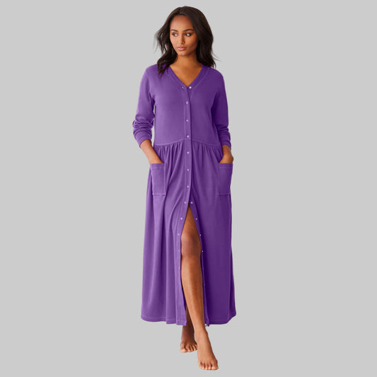 Women’s Plum Burst long knit lounger with snap-front closure, patch pockets, and long sleeves, made from soft cotton/poly blend.