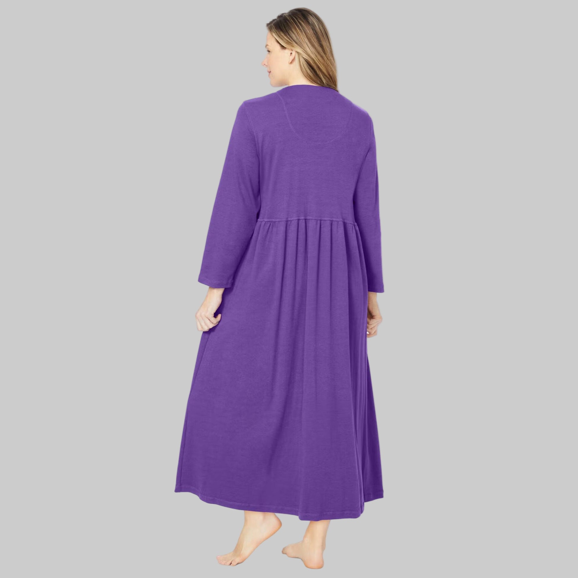 Women’s Plum Burst long knit lounger with snap-front closure, patch pockets, and long sleeves, made from soft cotton/poly blend.