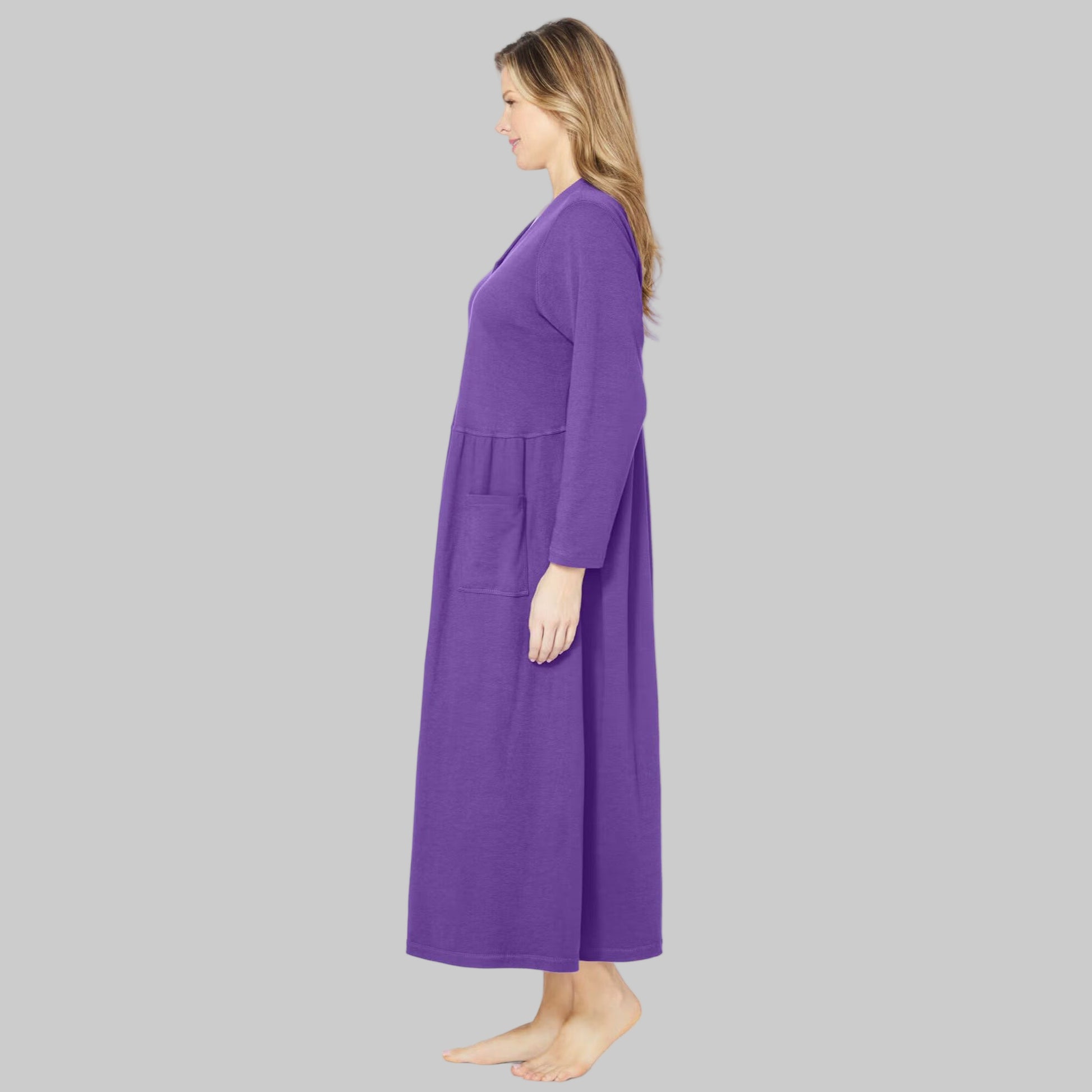 Women’s Plum Burst long knit lounger with snap-front closure, patch pockets, and long sleeves, made from soft cotton/poly blend.