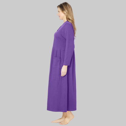 Women’s Plum Burst long knit lounger with snap-front closure, patch pockets, and long sleeves, made from soft cotton/poly blend.