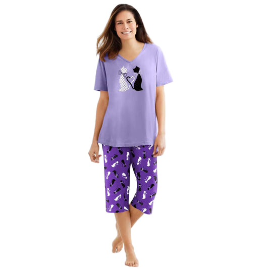 “Plum Burst Two-Piece V-Neck Tunic & Capri Pajama Set – soft cotton loungewear with graphic top and capri bottoms”