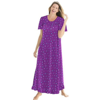 Women’s Plum Ditsy long floral cotton gown with flutter sleeves, ruffled hem, pintucks, and flower-shaped buttons, made from soft breathable cotton.