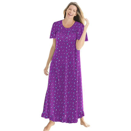 Women’s Plum Ditsy long floral cotton gown with flutter sleeves, ruffled hem, pintucks, and flower-shaped buttons, made from soft breathable cotton.