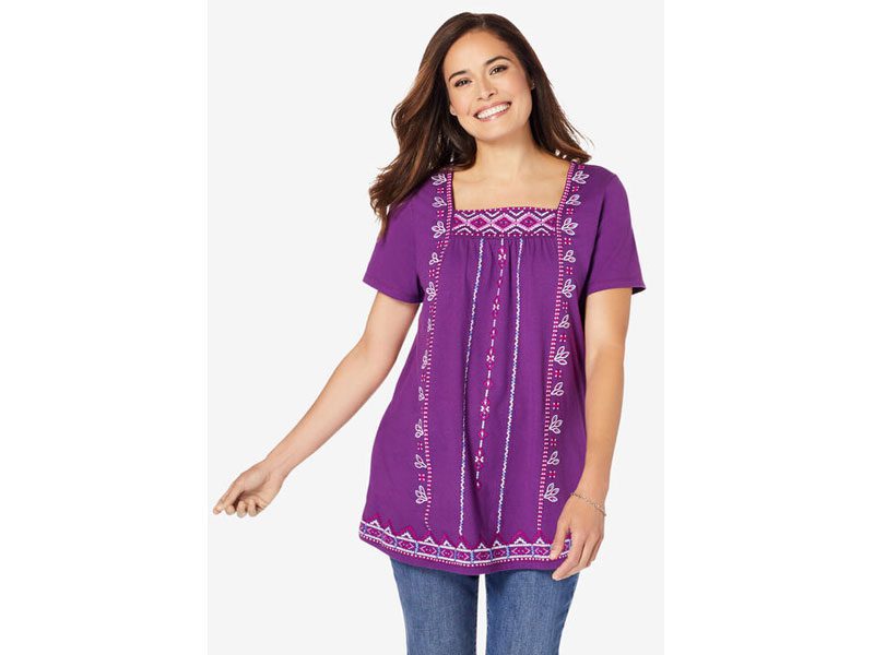 Plum Purple Embroidery Square Neck Tee PSW-6900