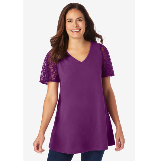 Plum Purple V-neck tunic with lace flutter sleeves – plus size front view