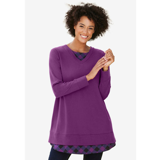 Plum Purple Plaid Layered Look Sweatshirt PSW-8678