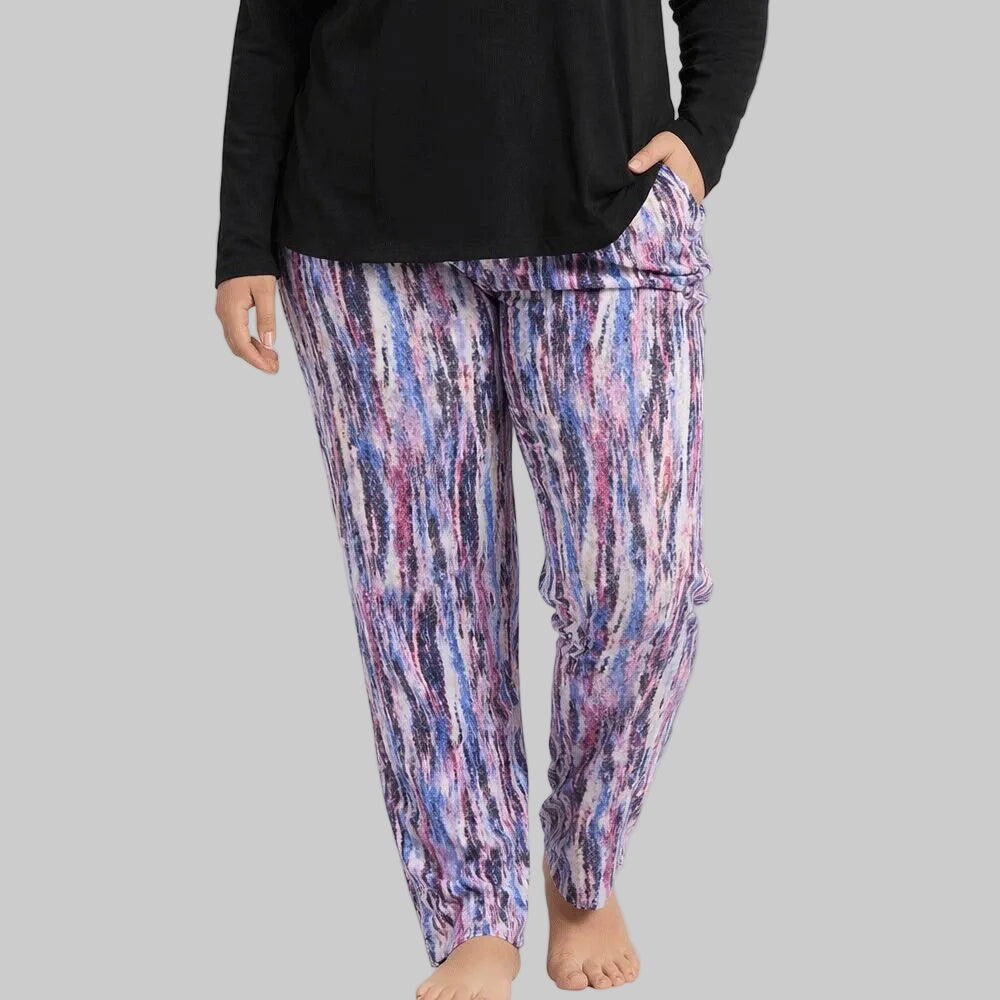 Plum abstract print cotton pajama featuring soft breathable fabric, relaxed fit and elastic waistband, designed for comfortable sleepwear and lounging.