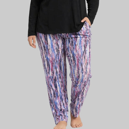 Plum abstract print cotton pajama featuring soft breathable fabric, relaxed fit and elastic waistband, designed for comfortable sleepwear and lounging.