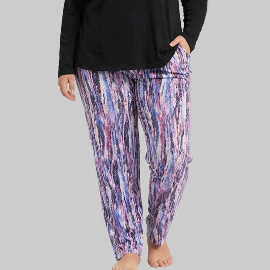 Plum abstract print cotton pajama featuring soft breathable fabric, relaxed fit and elastic waistband, designed for comfortable sleepwear and lounging.