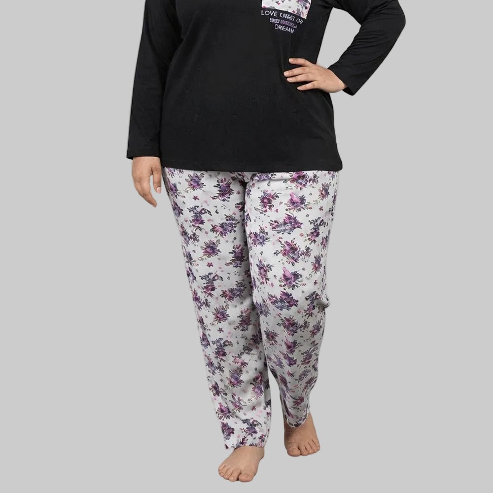 Plum blossom cotton pajama featuring soft breathable fabric, relaxed fit and elastic waistband, designed for comfortable sleepwear and daily lounging.