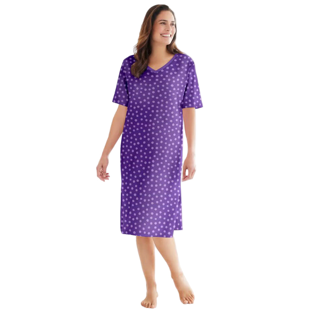 Women's Plum Burst Dot Long Print Sleepshirt made from soft jersey fabric with a relaxed fit, displayed on a white background.