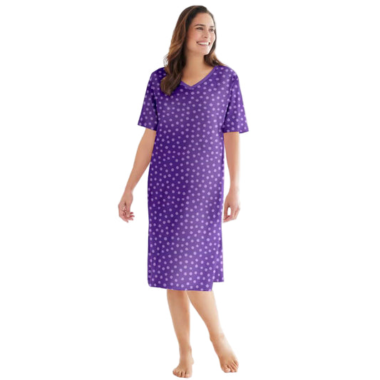 Plum Burst Dot Long Print Sleepshirt made from soft interlock fabric with an all-over burst dot print and long relaxed silhouette.