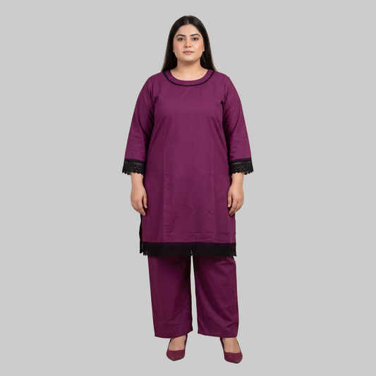 Plum lace trim cotton lawn co-ord set for women with elegant two-piece summer outfit design