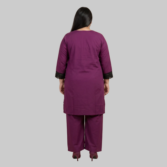 Plum lace trim cotton lawn co-ord set for women with elegant two-piece summer outfit design