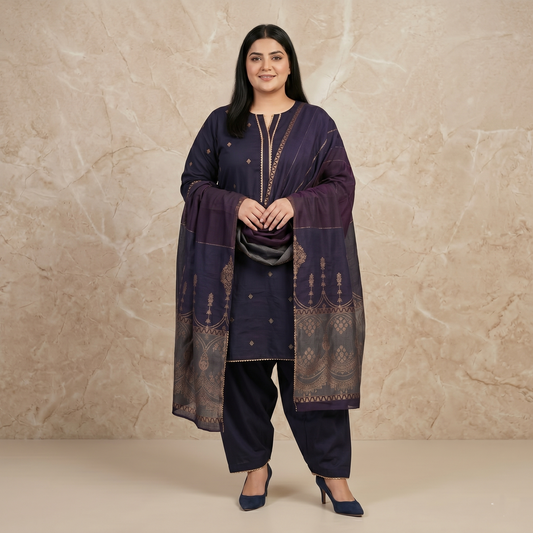 Woman wearing a traditional outfit with a dark purple kurta and pants against a beige background