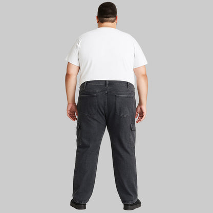 Plus-size men’s heather charcoal stretch denim cargo jeans, regular fit, with side cargo pocket and back pockets, laid flat against a white background.
