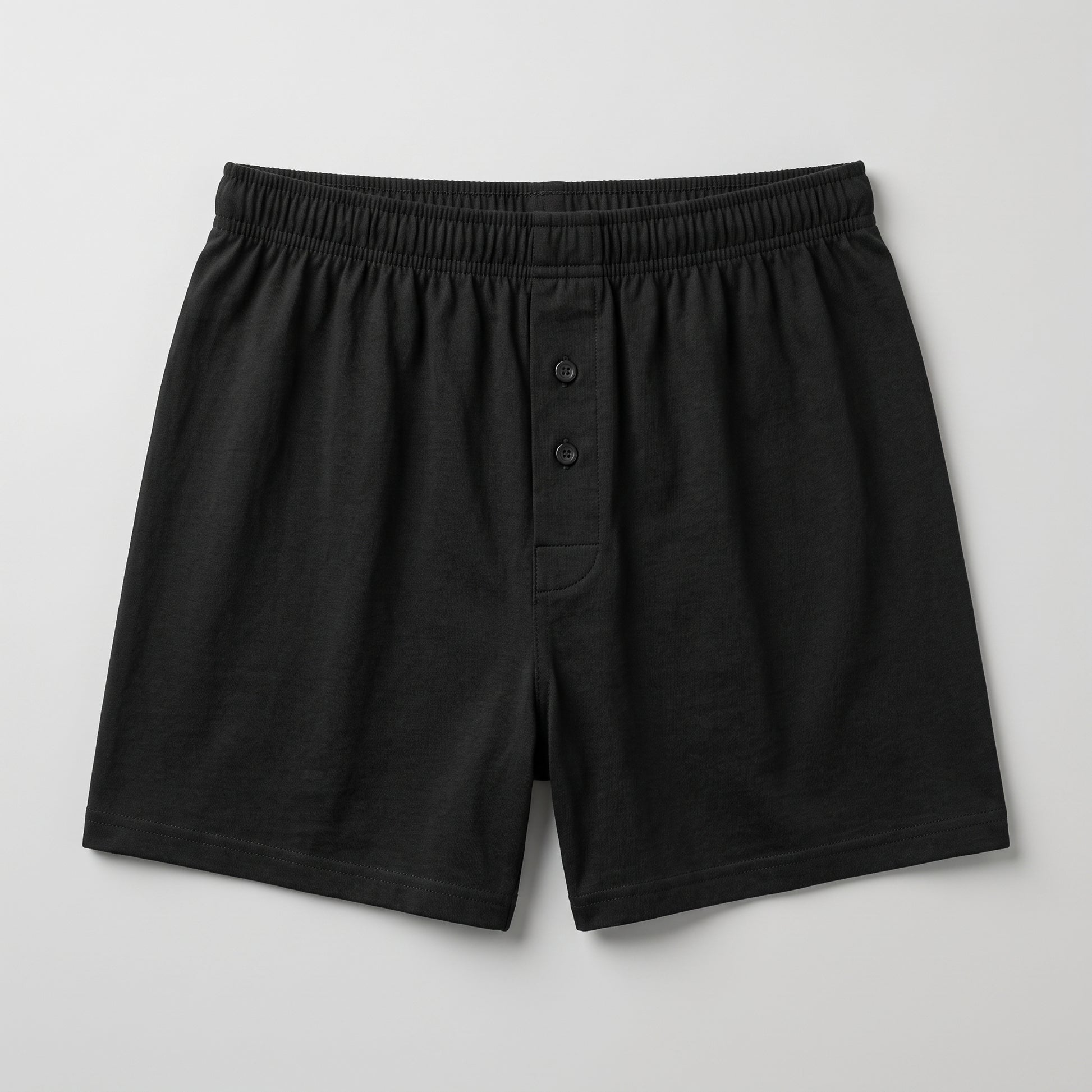 Plus Size Black men's shorts with an elastic waistband and a two-button placket, shown flat on a light gray background.