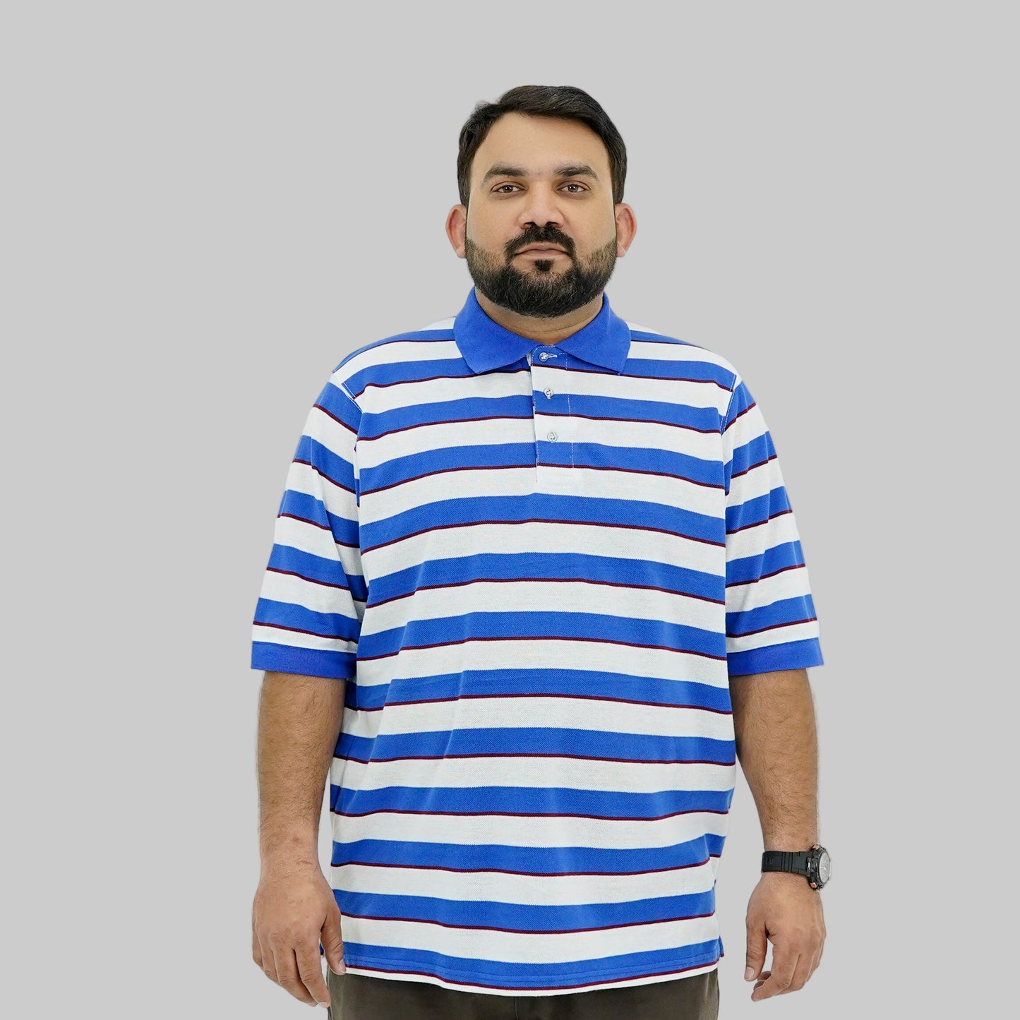 Plus Size Classic Blue Striped Polo Shirt PSM-9214