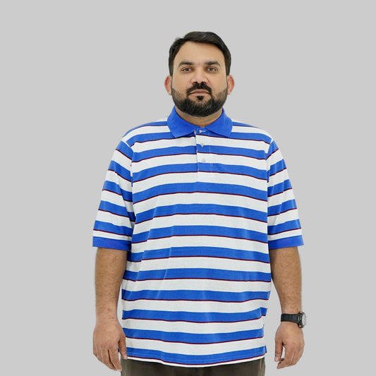 Plus Size Classic Blue Striped Polo Shirt PSM-9214