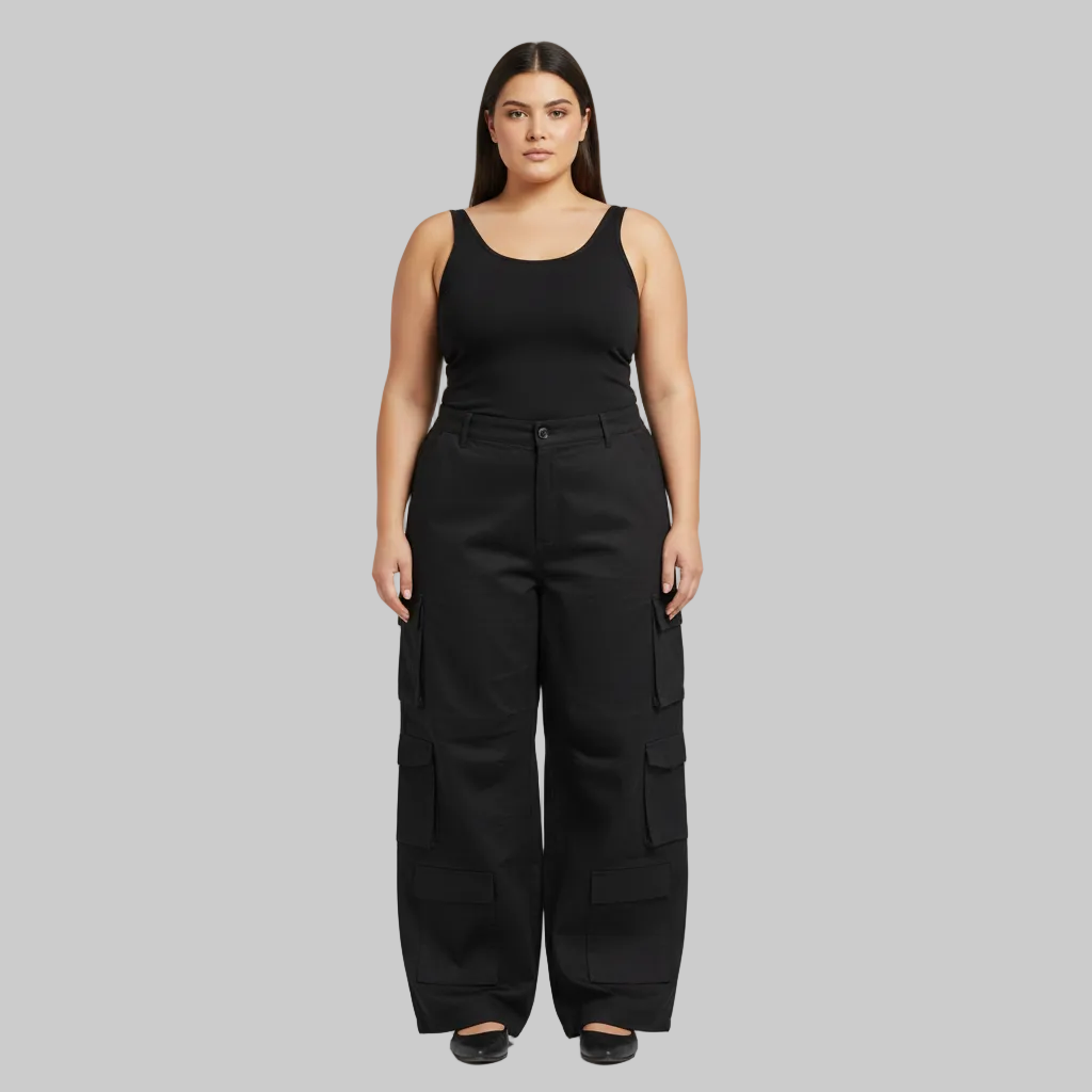 Jet black 10-pocket cargo cotton jeans with multiple utility pockets and relaxed fit.