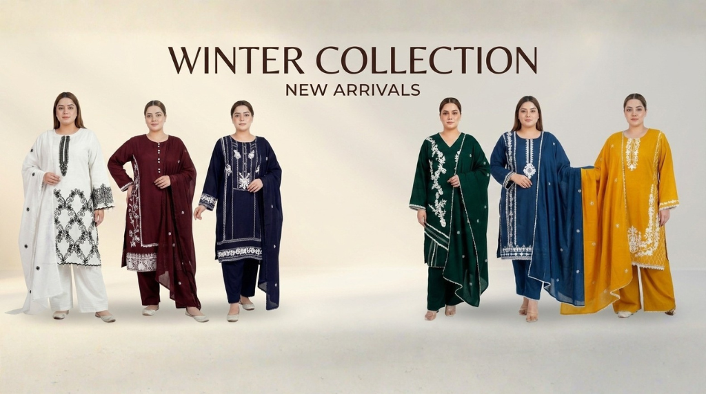 Winter collection of women's clothing with models posing against a plain background.