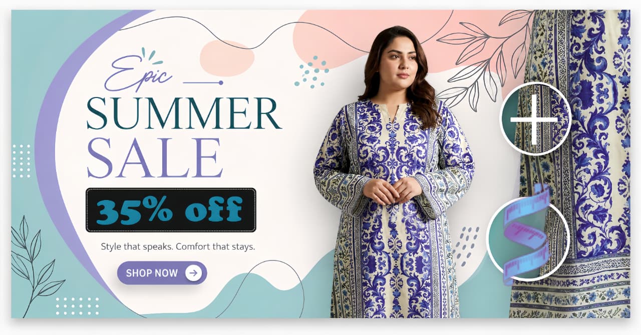 Promotional banner for a summer sale with a woman in a patterned outfit and decorative elements.