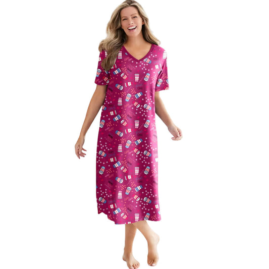 Plus size woman wearing pomegranate-colored sleepshirt with coffee cup print

