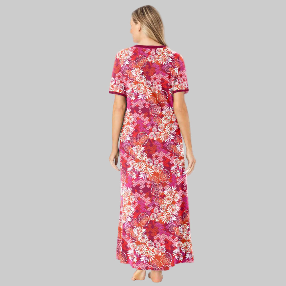 Women’s Pomegranate Floral Long T-Shirt Lounger with V-neck, short sleeves, trapeze fit, maxi length, side pockets, and side hem slits in cotton/poly blend.