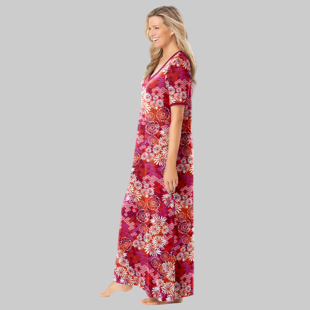 Women’s Pomegranate Floral Long T-Shirt Lounger with V-neck, short sleeves, trapeze fit, maxi length, side pockets, and side hem slits in cotton/poly blend.