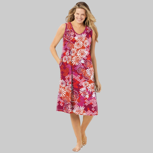 Women’s Pomegranate Floral V-Neck Sleeveless Lounger with side pockets and shirttail hem.