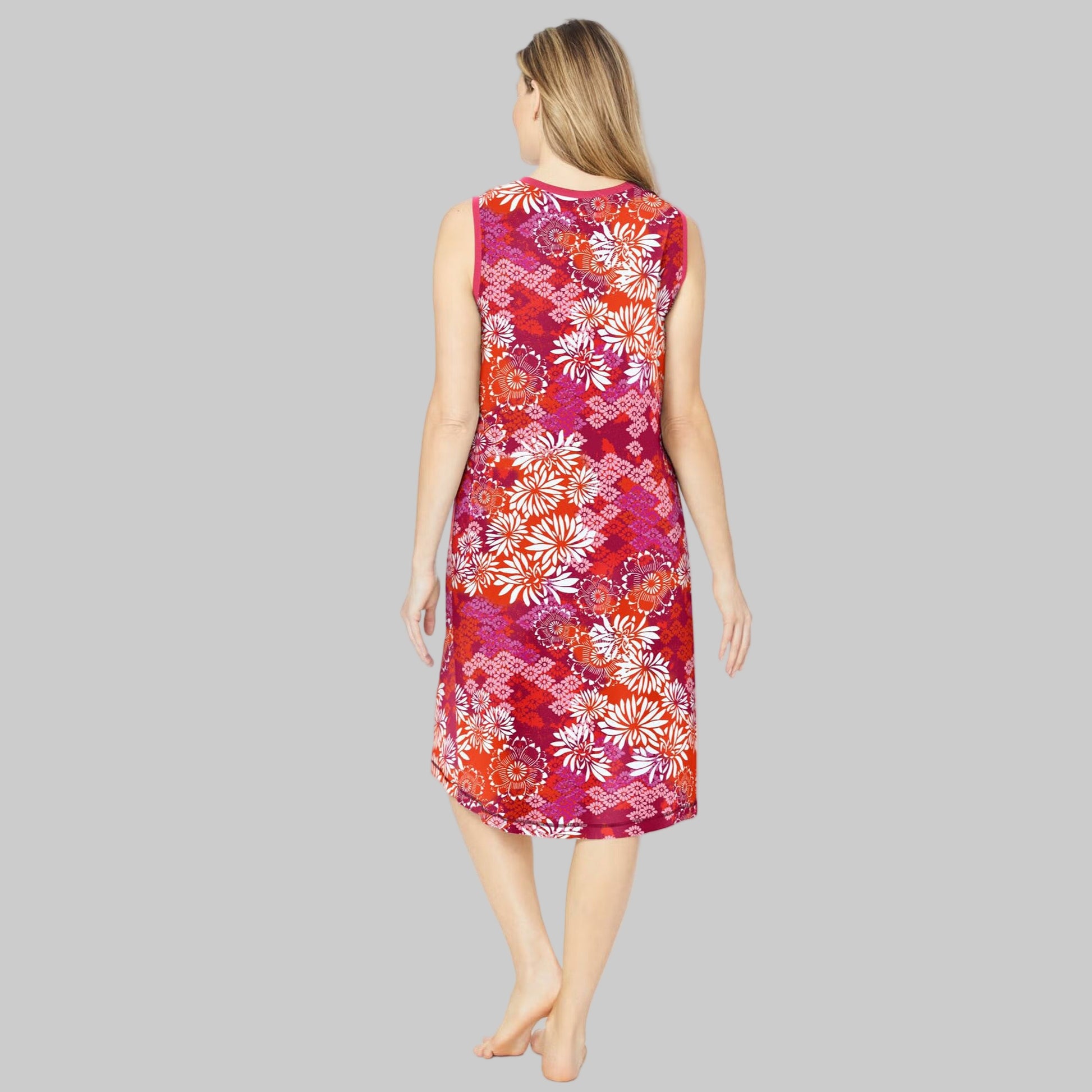 Women’s Pomegranate Floral V-Neck Sleeveless Lounger with side pockets and shirttail hem.