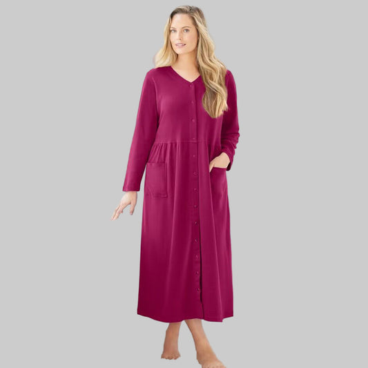 Women’s Pomegranate long knit lounger with snap-front closure, long sleeves, and patch pockets.