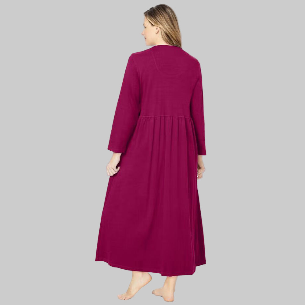 Women’s Pomegranate long knit lounger with snap-front closure, long sleeves, and patch pockets.