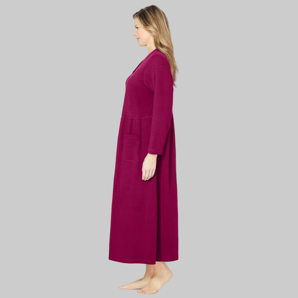 Women’s Pomegranate long knit lounger with snap-front closure, long sleeves, and patch pockets.