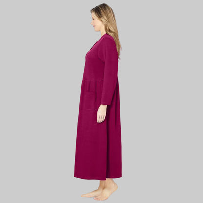 Women’s Pomegranate long knit lounger with snap-front closure, long sleeves, and patch pockets.