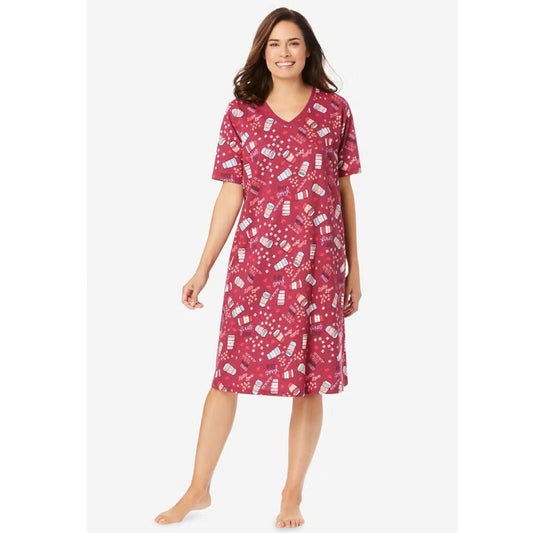 Pomegranate Coffee Cup Short Print Cotton Sleepshirt with ribbed V-neck and short sleeves – women’s nightwear"