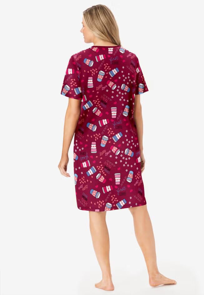 Pomegranate Coffee Cup Short Print Cotton Sleepshirt with ribbed V-neck and short sleeves – women’s nightwear"
