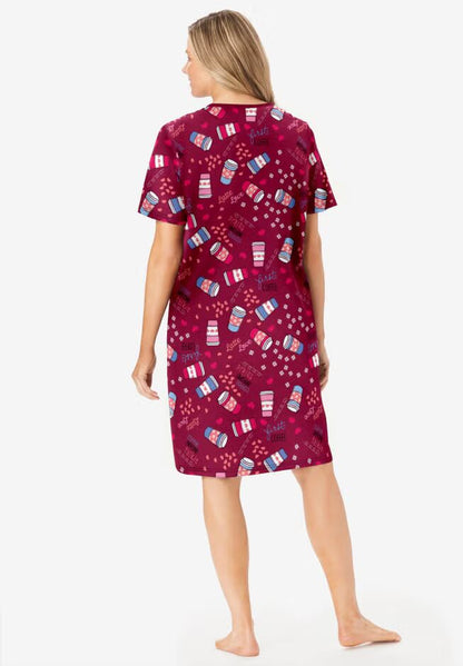Pomegranate Coffee Cup Short Print Cotton Sleepshirt with ribbed V-neck and short sleeves – women’s nightwear"