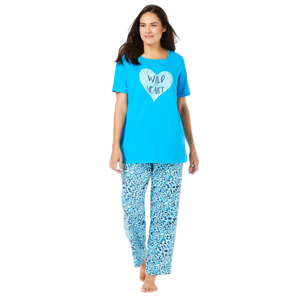 “Pool Blue Animal Hearts Graphic Tee Pajama Set – cotton sleepwear with graphic top and coordinating printed pants”
