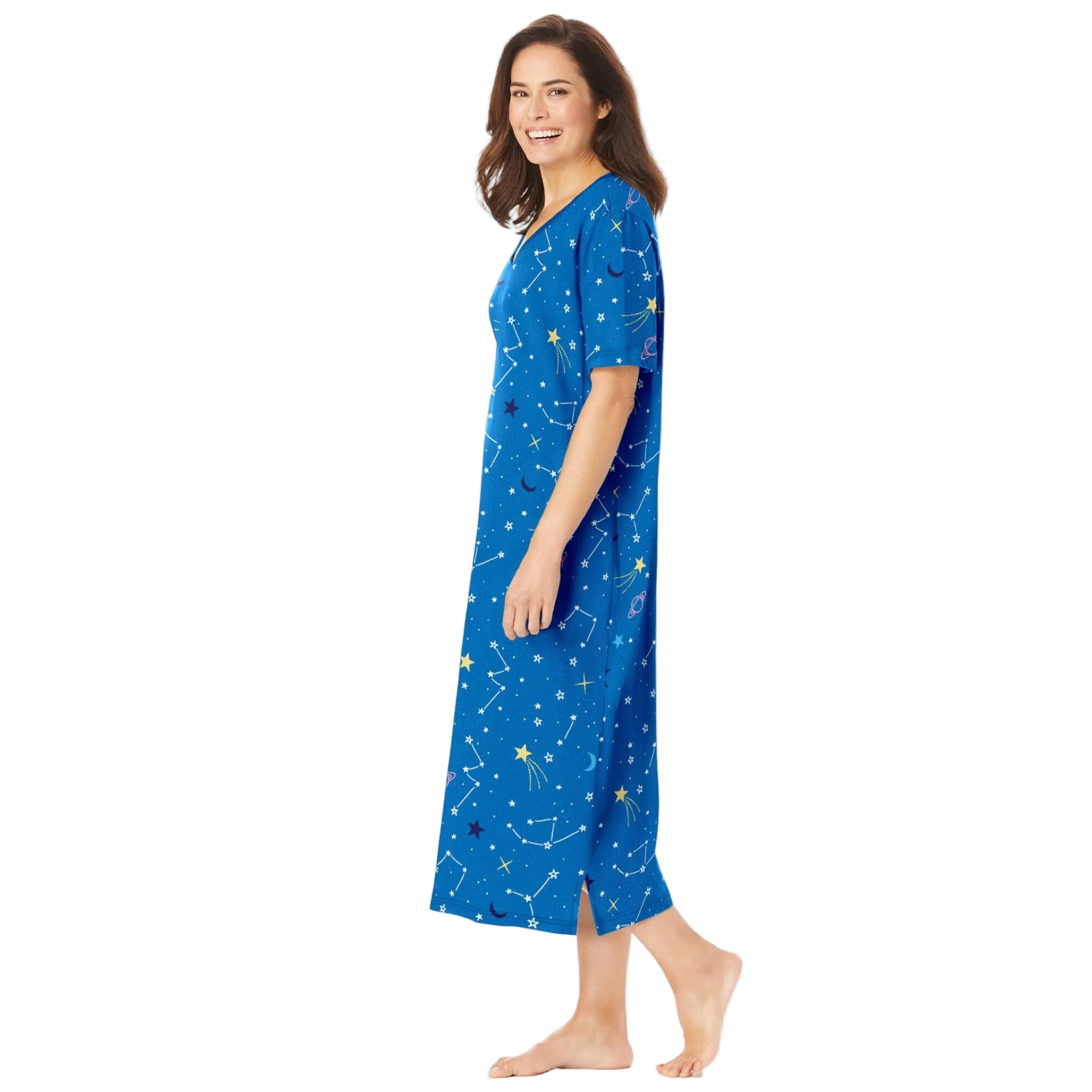 Pool Blue Cosmic Dreams Plus Size Long Sleepshirt with V-neck and cosmic-inspired print.