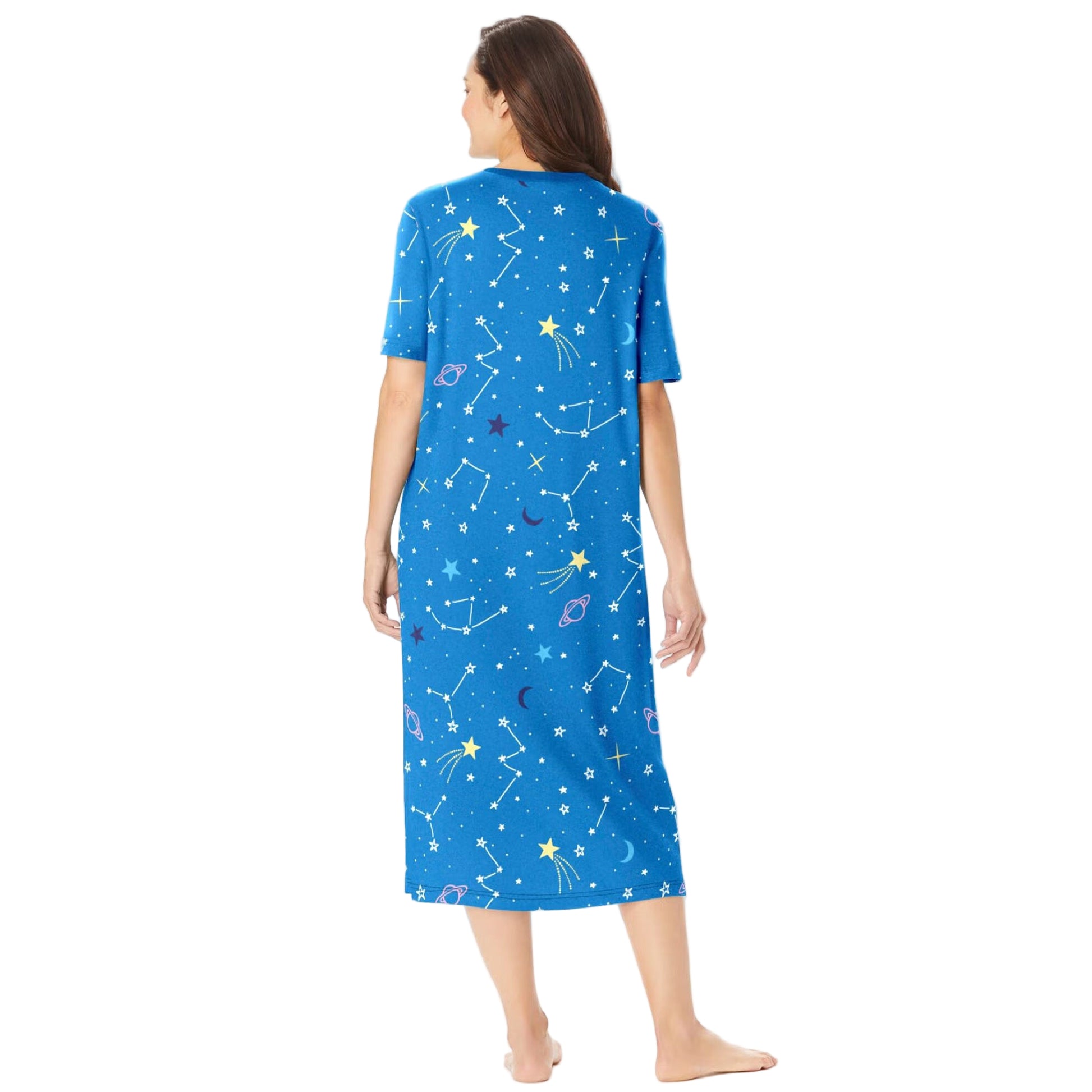 Pool Blue Cosmic Dreams Plus Size Long Sleepshirt with V-neck and cosmic-inspired print.