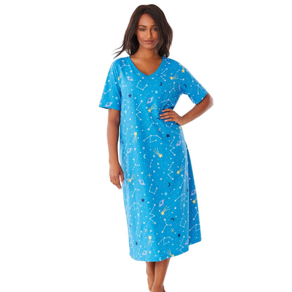 Pool Blue Cosmic Dreams Plus Size Long Sleepshirt with V-neck and cosmic-inspired print.