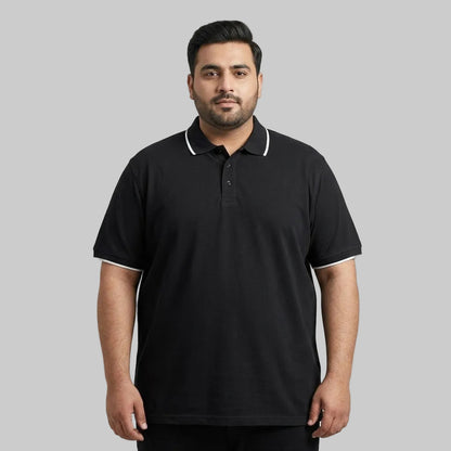 Premium Black Contrast Collar Polo Shirt made from 200 GSM Cotton Pique fabric with white tipped collar and sleeve cuffs.
