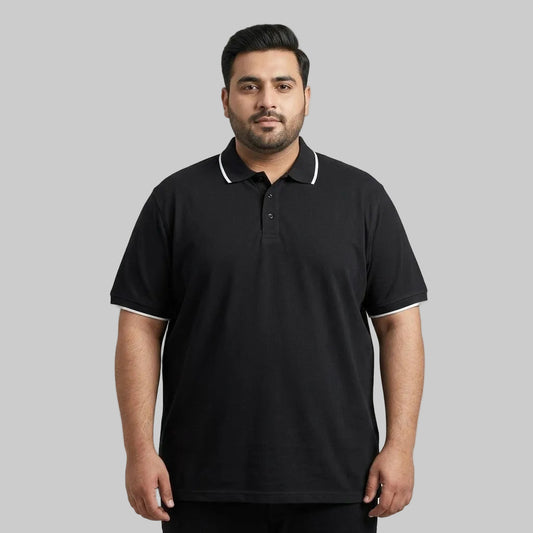 Premium Black Contrast Collar Polo Shirt made from 200 GSM Cotton Pique fabric with white tipped collar and sleeve cuffs.