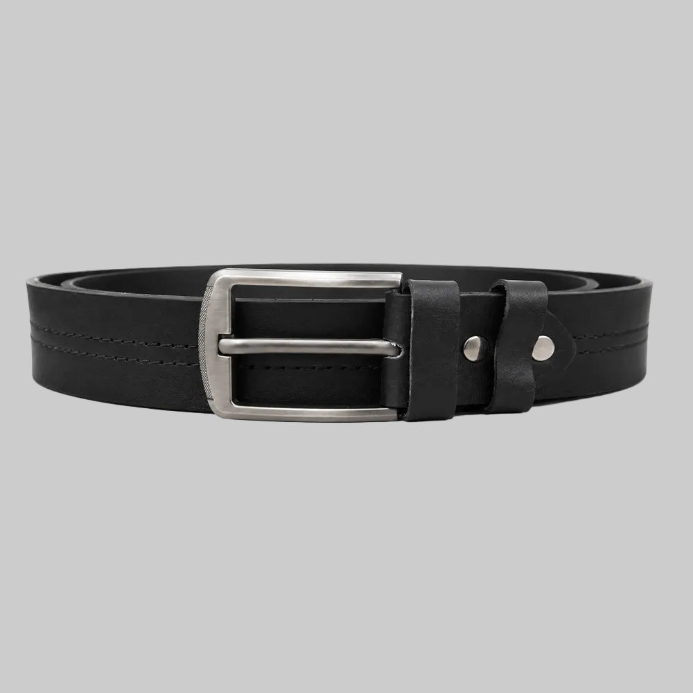 Premium black double stitch leather belt for men featuring premium leather, reinforced stitching, and a durable metal buckle for everyday and formal wear.
