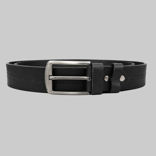 Premium black double stitch leather belt for men featuring premium leather, reinforced stitching, and a durable metal buckle for everyday and formal wear.