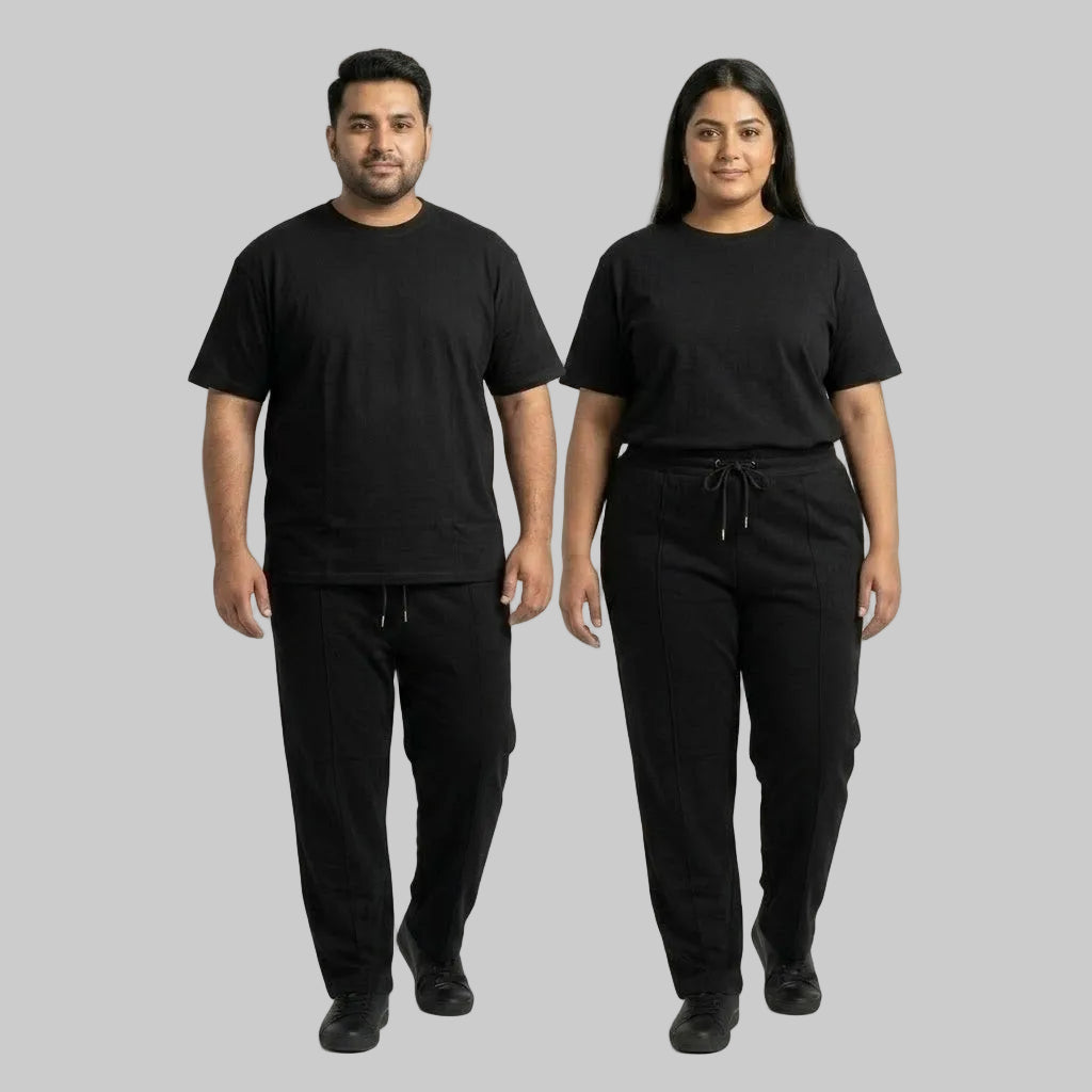Premium black men's cotton jersey co-ord set featuring a matching short-sleeve T-shirt and comfortable bottoms for casual everyday wear.