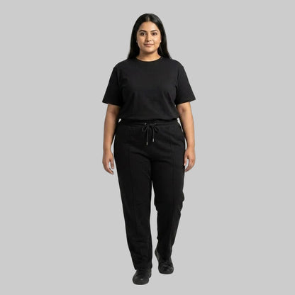 Premium black men's cotton jersey co-ord set featuring a matching short-sleeve T-shirt and comfortable bottoms for casual everyday wear.