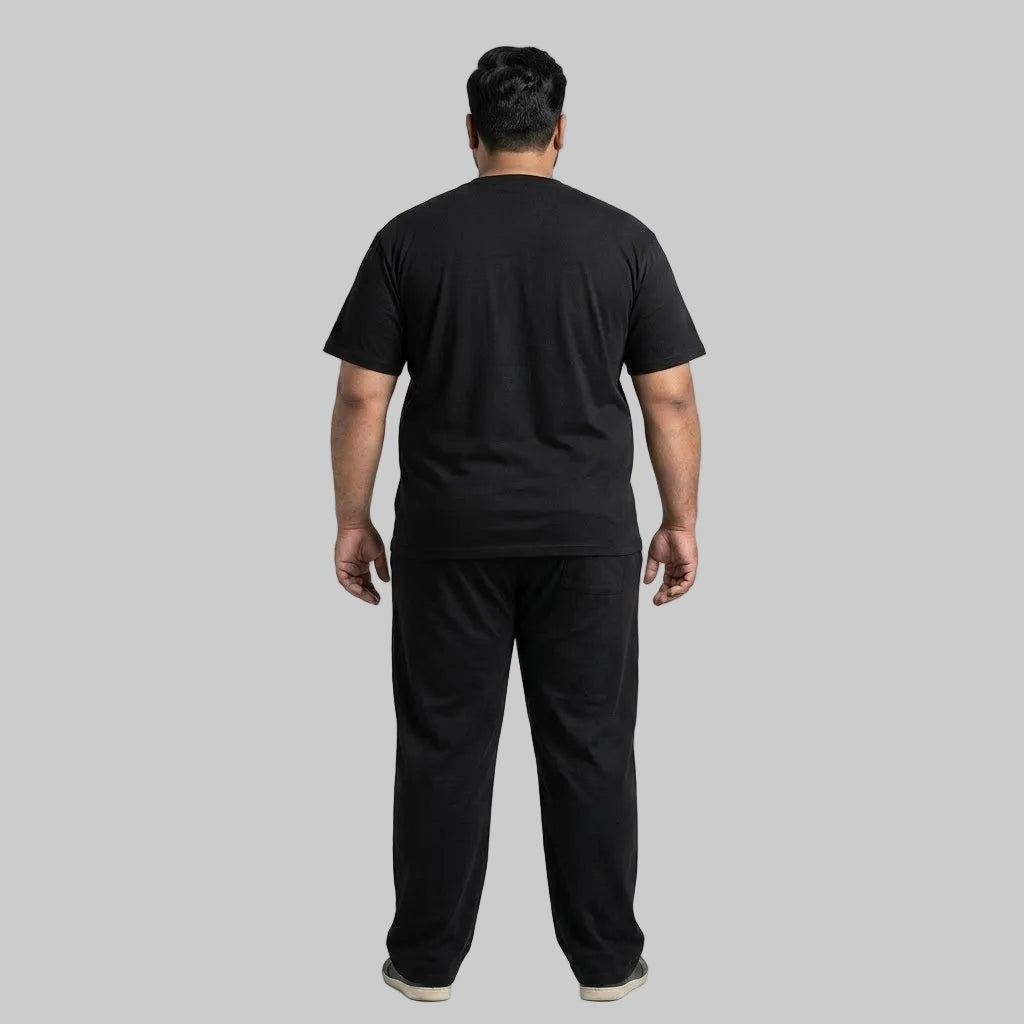Premium black men's cotton jersey co-ord set featuring a matching short-sleeve T-shirt and comfortable bottoms for casual everyday wear.